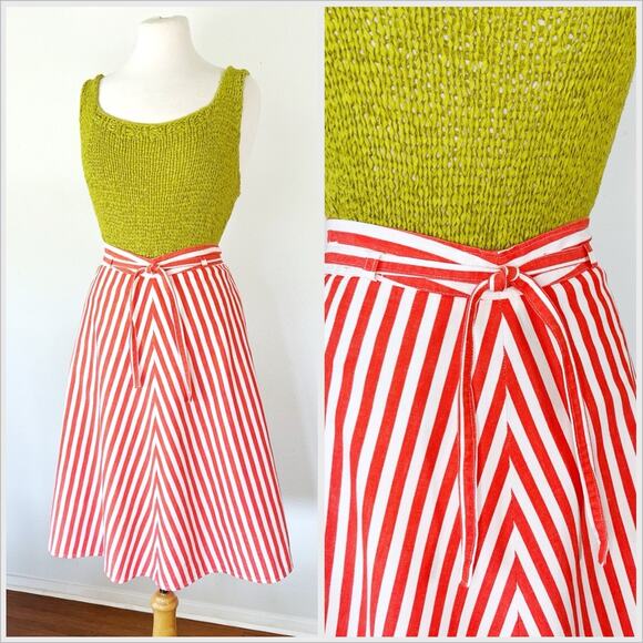 Vintage 70s Chevron Midi Skirt Red‎ White A-Line Canvas Cotton // Size Medium - Picture 1 of 4